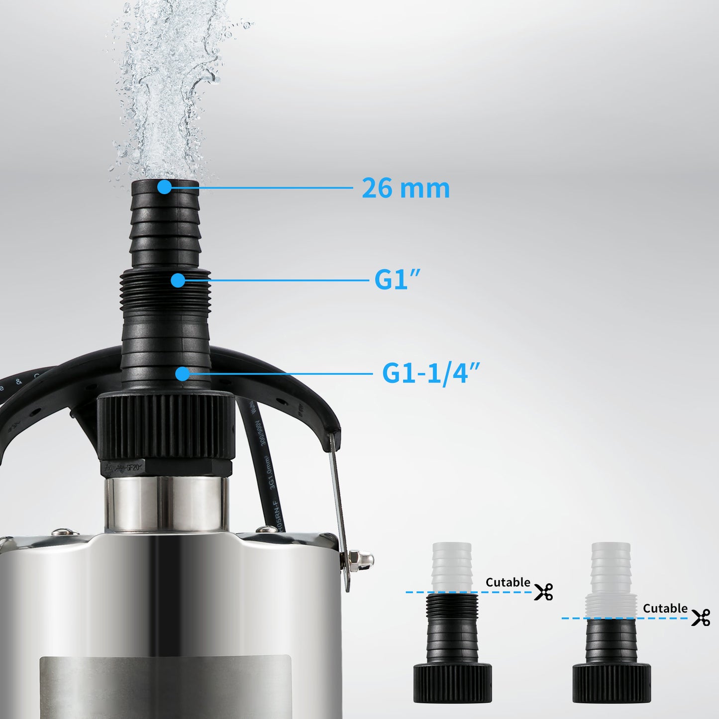 Pompa sommergibile inox 1.3kW 1.75HP con specifiche tecniche: portata massima 333.3L/min, prevalenza 11m, peso 8.6kg, 230V monofase