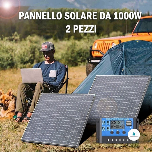 Kit Pannelli Solari 1000W – 2 Pezzi con Regolatore di Carica | 12V Fotovoltaico per Camper, Campeggio e Casa