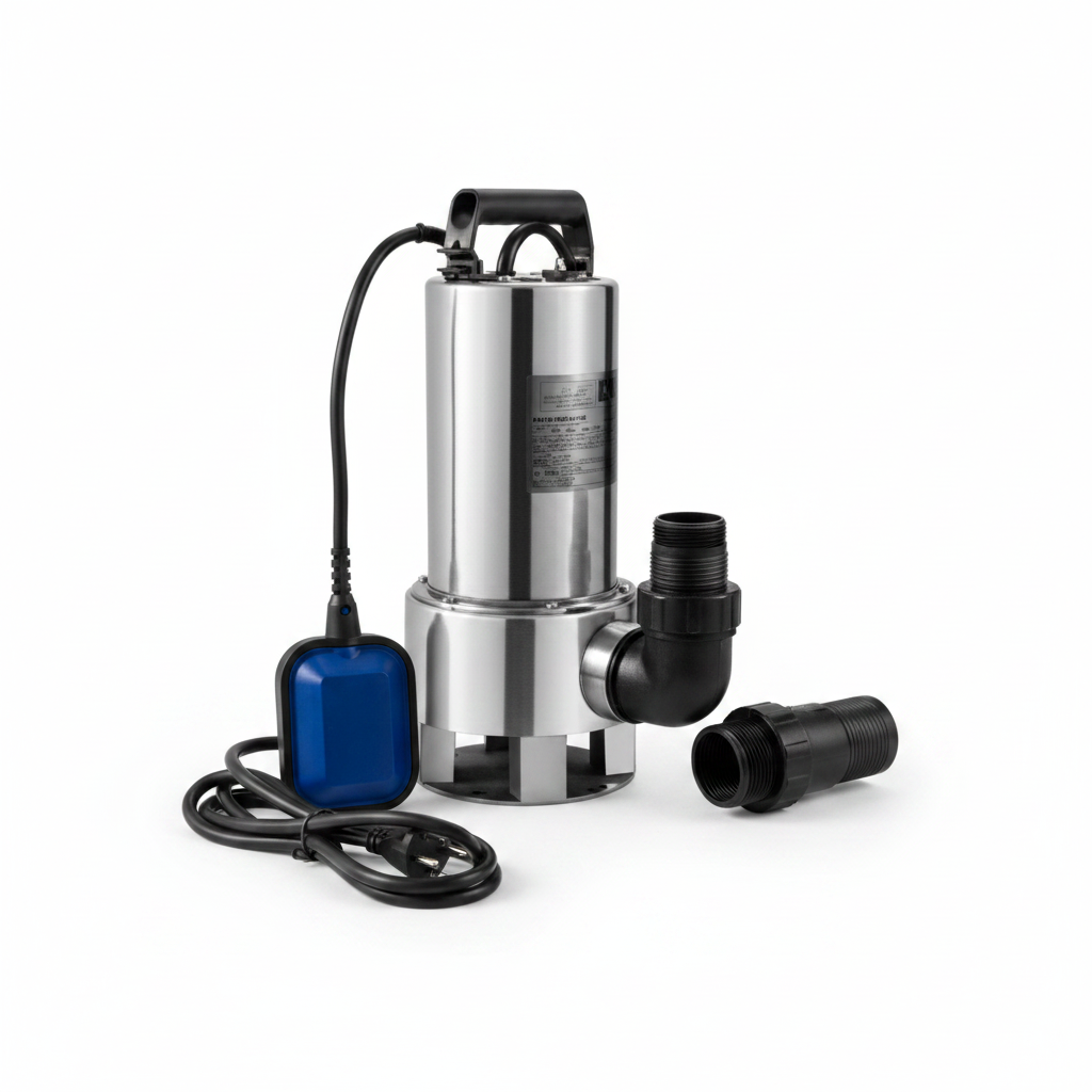 Vista laterale pompa sommergibile inox 1.3kW con galleggiante blu e raccordo di uscita orientabile – drenaggio professionale 230V monofase