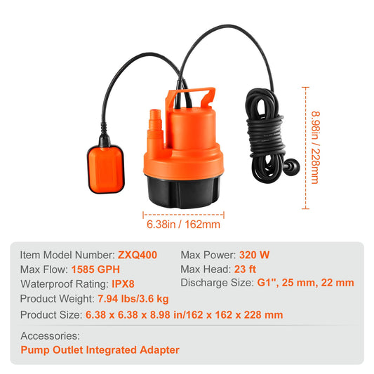 Elettropompa Sommergibile in Plastica Con Galleggiante 0.32 Kw - 0.40 Kw - 0.75 Kw