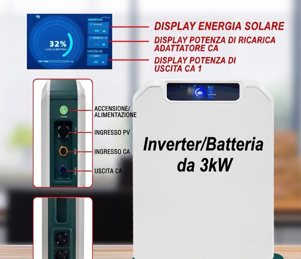 Stazione di Accumulo Energia Fotovoltaica 3kW – Inverter + Batteria LiFePO4 24V 100Ah