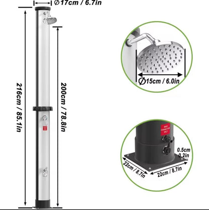Doccia Solare da Giardino 40L Silver 216cm – Riscalda fino a 60°C Miscelatore e Soffione Inclusi