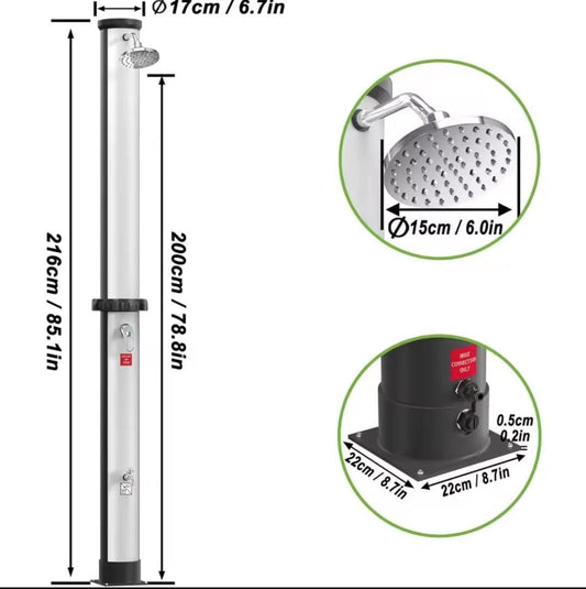 Doccia Solare da Giardino 40L Silver 216cm – Riscalda fino a 60°C Miscelatore e Soffione Inclusi