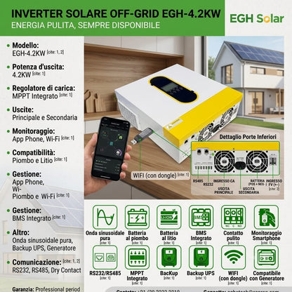 Inverter Solare Off-Grid EGH-4.2KW – MPPT Integrato, Onda Sinusoidale Pura, Wi-Fi