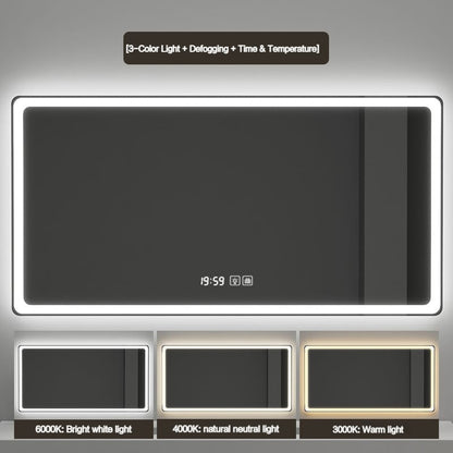 Specchio Bagno LED Smart 70x50 cm Antiappannamento, 3 Colori Luce Orologio e Temperatura
