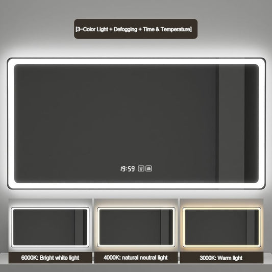 Specchio Bagno LED Smart 70x50 cm Antiappannamento, 3 Colori Luce Orologio e Temperatura