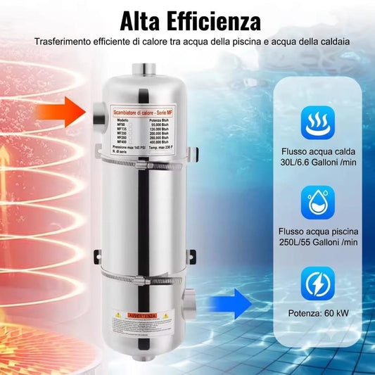 Scambiatore di Calore per Piscina in Inox Serie MF200 – 200.000 Btuh