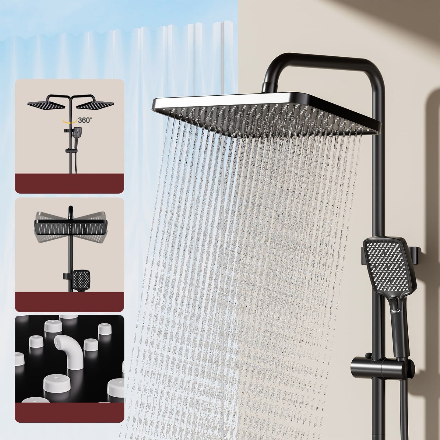 Kit Doccia a Pioggia Nero con Soffione 31×20 cm e Doccetta 3 Getti – Termostatico Digitale