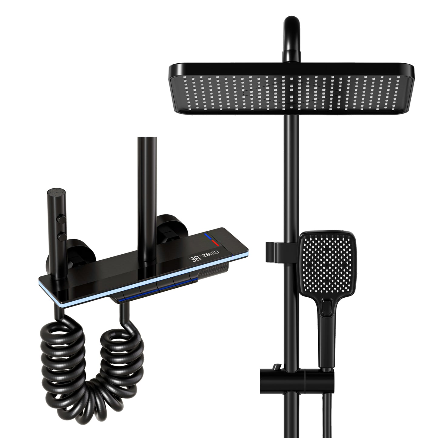 Kit Doccia a Pioggia Nero con Soffione 31×20 cm e Doccetta 3 Getti – Termostatico Digitale
