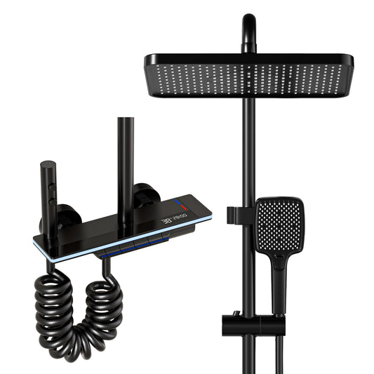 Kit Doccia a Pioggia Nero con Soffione 31×20 cm e Doccetta 3 Getti – Termostatico Digitale