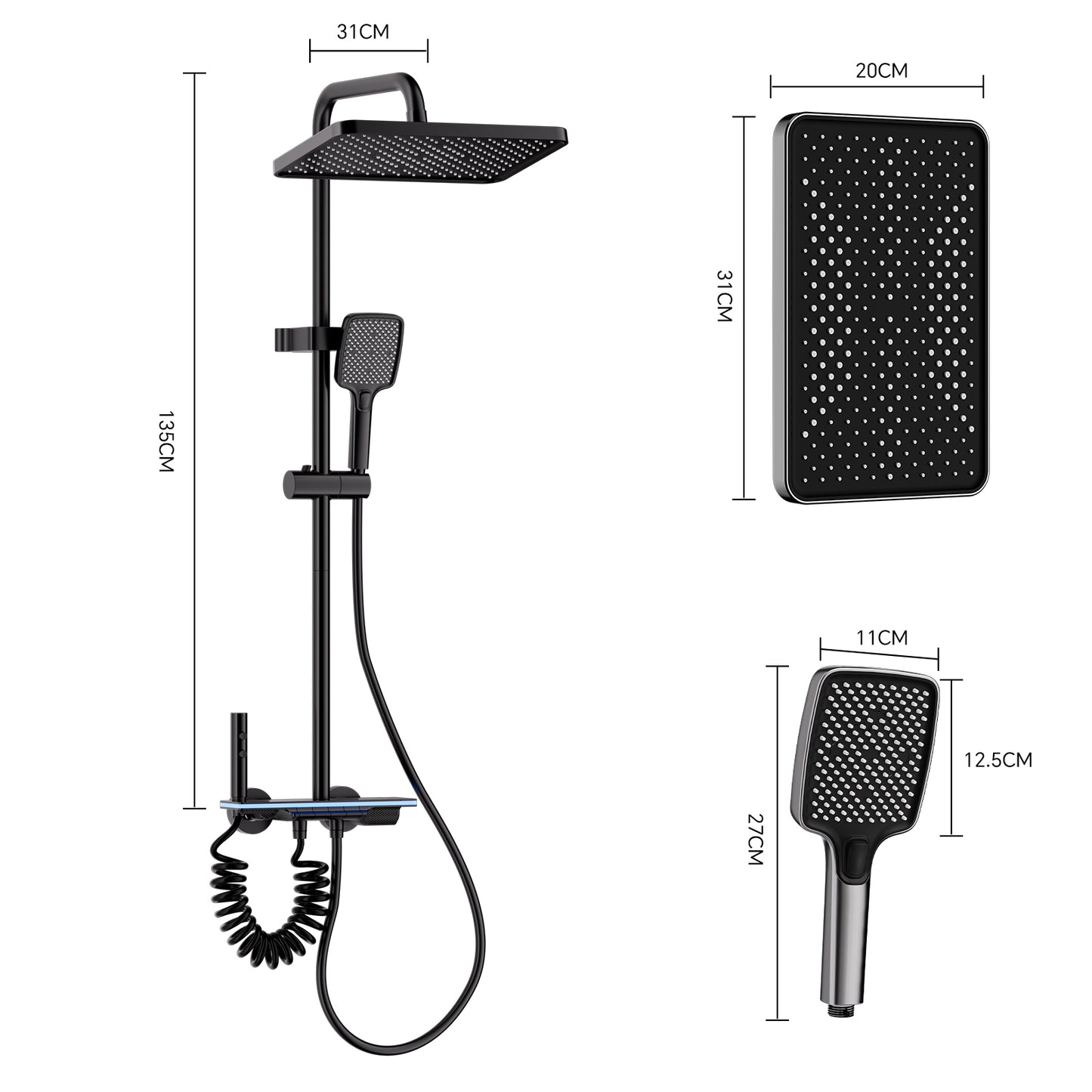 Kit Doccia a Pioggia Nero con Soffione 31×20 cm e Doccetta 3 Getti – Termostatico Digitale