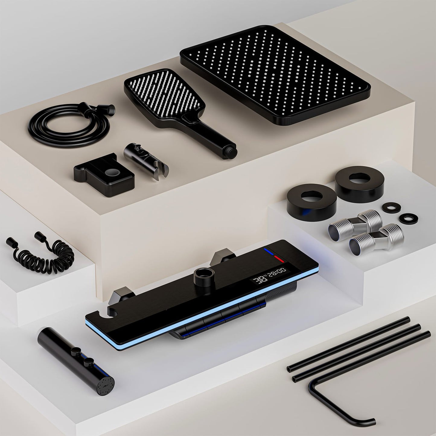 Kit Doccia a Pioggia Nero con Soffione 31×20 cm e Doccetta 3 Getti – Termostatico Digitale