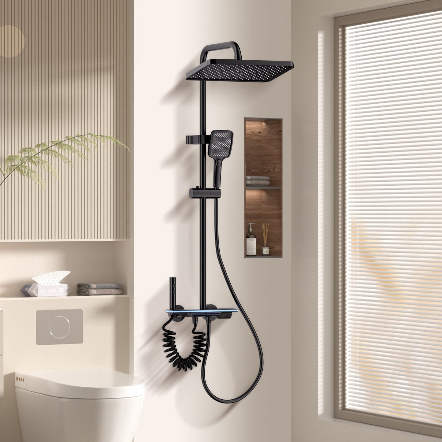 Kit Doccia a Pioggia Nero con Soffione 31×20 cm e Doccetta 3 Getti – Termostatico Digitale