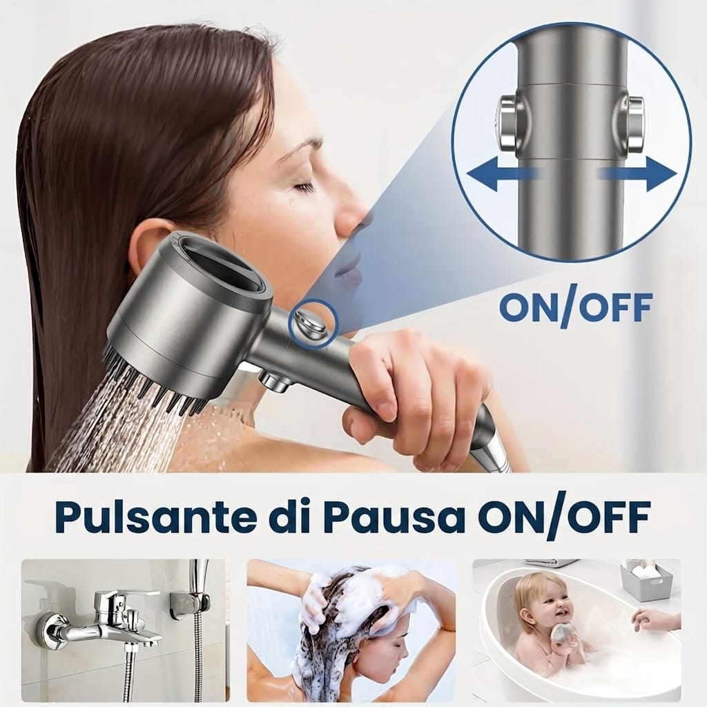 Soffione Doccia con Filtro Anticalcare Integrato e 3 Modalità – Interruttore On/Off