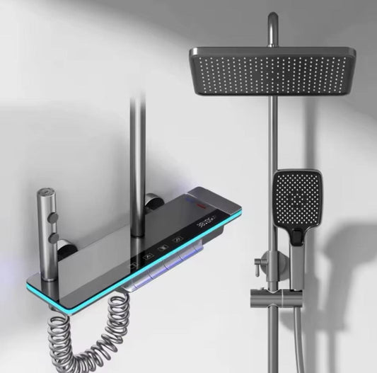 Kit Doccia a Pioggia Nero con Soffione 31×20 cm e Doccetta 3 Getti – Termostatico Digitale