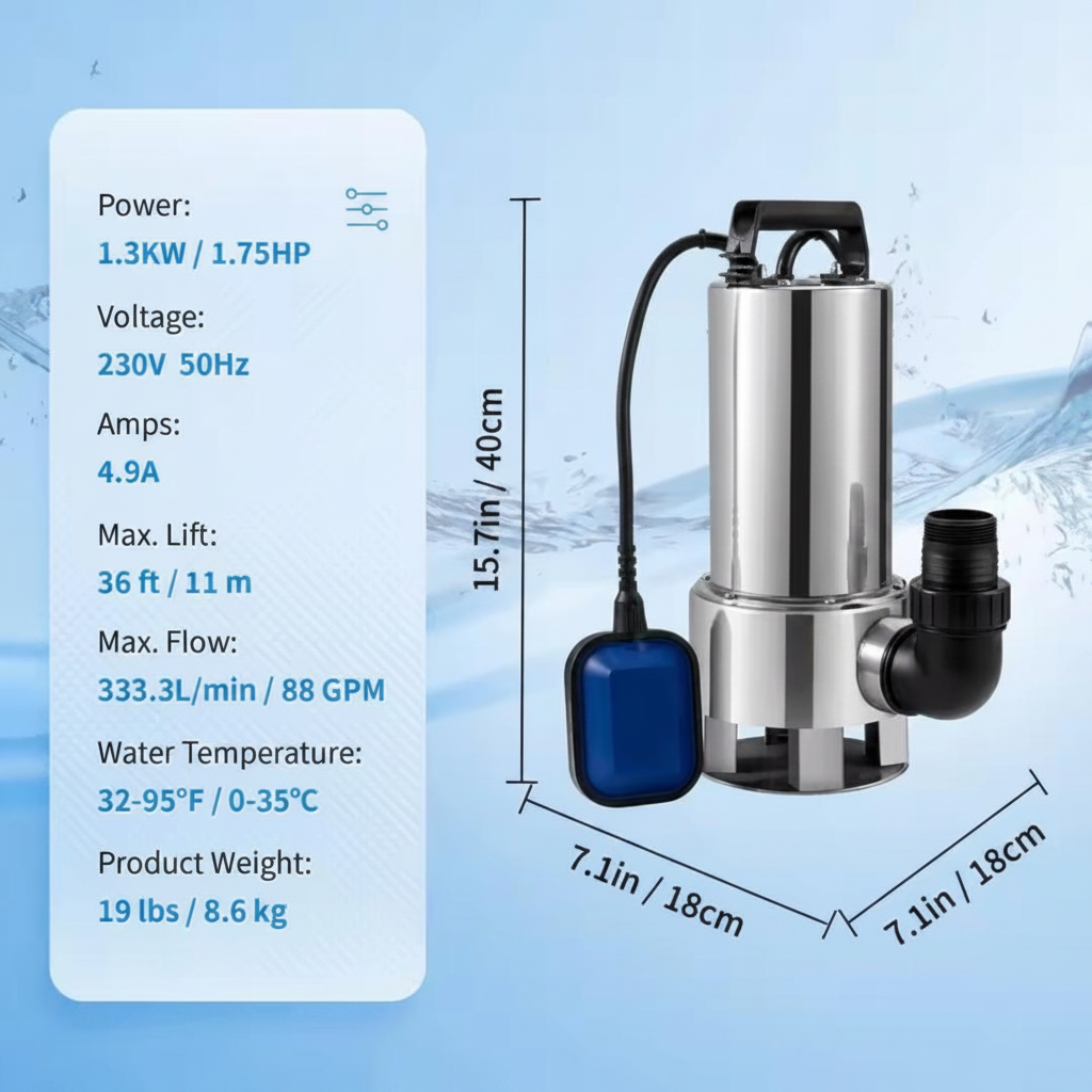 Pompa sommergibile in acciaio inox 1.3kW 1.75HP con galleggiante automatico, attacco laterale filettato e manico ergonomico – portata 333L/min, prevalenza 11m